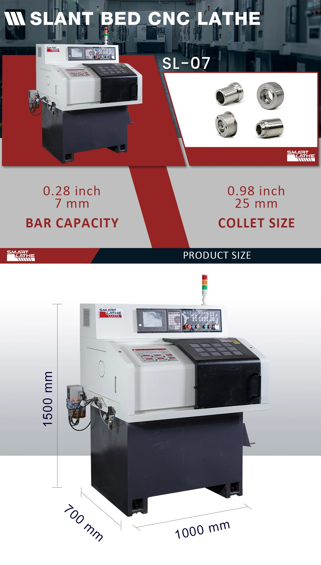 The Pneumatic Collet with Through-Hole CNC Lathe Machine for Turning Process with Brass, Bronze, Aluminum, Steel, Stainless Steel, and Rigid Plastic (SL-07)